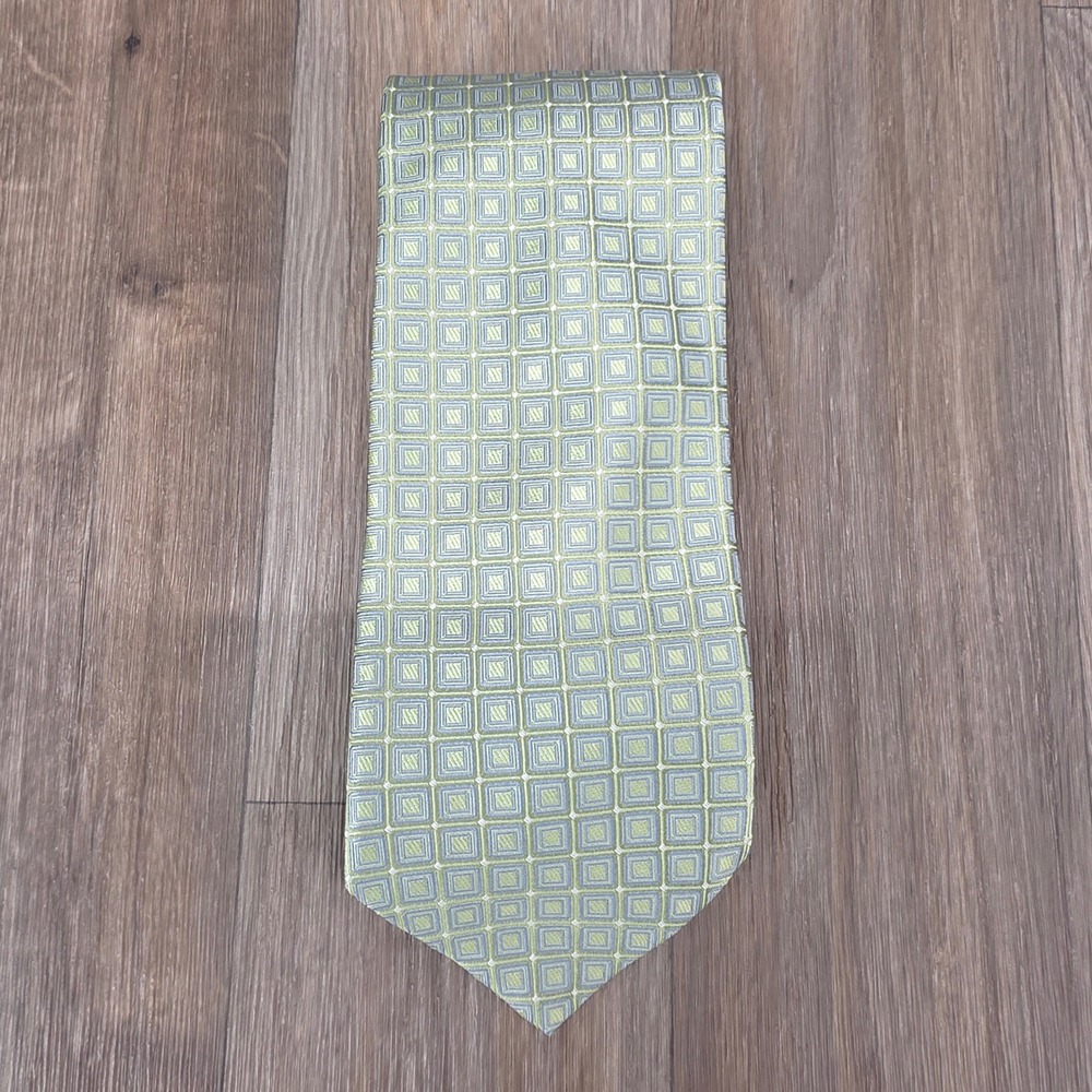 Nordstrom Smartcare Mens Silk Necktie Sage Green Geometric Square Made in USA